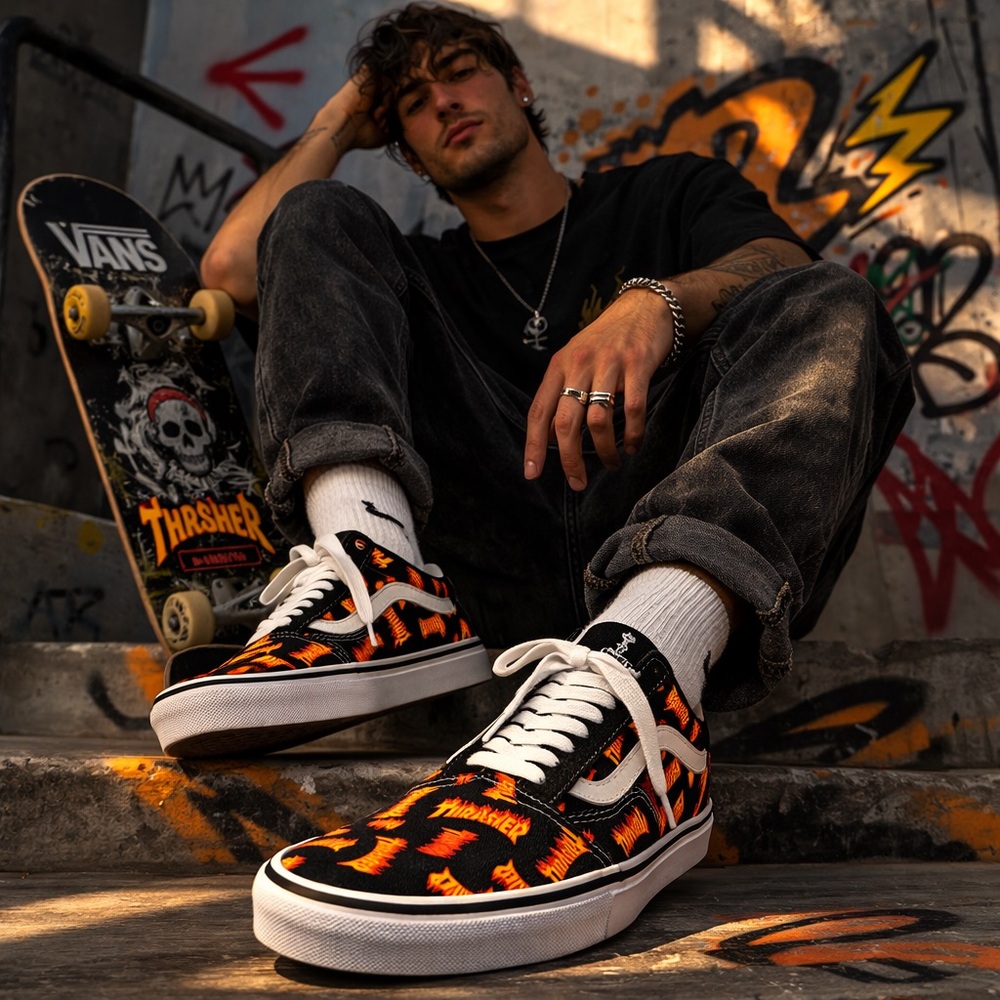 Vans Old Skool Thrasher Flame Men 10.5 Black Skate Shoes SKU VNSKO-10.5-MS